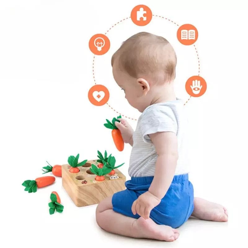 Jouets en bois montessori 2 ans - Le Jardin des Carottes bébé qui joue sur fond blanc