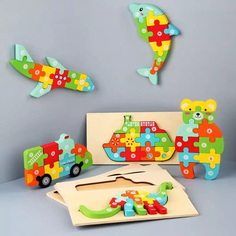 Puzzle en bois numéroté en forme de diverses formes : avion, ours, dinosaure, camion, bateau et dauphin. - Jeux d'éveil Montessori en bois 2 ans - Puzzle en Bois 2D 