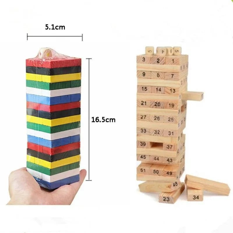 Deux taquets de construction, un coloré sur la gauche et un en bois numéroté sur la droite avec mesure. - Jeux en bois Montessori 9 ans - Taquet de Construction 